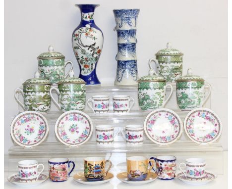Mix of antique and later ceramics to incl a 19th century Chinese vase with polychrome enamel, blue and white bamboo shaped va