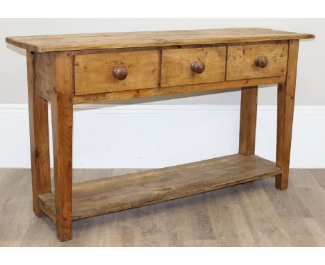 A rustic antique pine 3 drawer side or console table with 3 drawers, 135cm x 38cm x 78cm