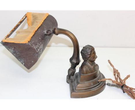 Antique bronzed piano lamp or desk lamp mounted with a bust believed to be Mark Twain, approx 18cm H