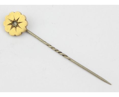 [1.91g] - an antique stick pin with floral top and white stone centre, seemingly unmarked but XRF testing as 18ct gold, the p