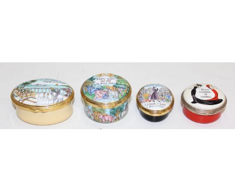 Halcyon Days enamels - four enamel boxed with motto to include "Never Economise on Luxuries", "Too Much of a Good Thing is Si
