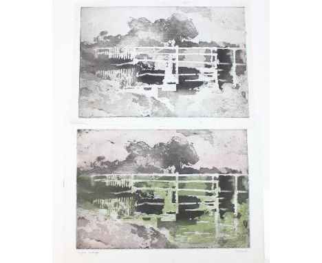 Hubert Andrew Freeth RA (British, 1912-1986): 2 abstract etchings or prints of the same work, one titled in pencil 'Norfolk F