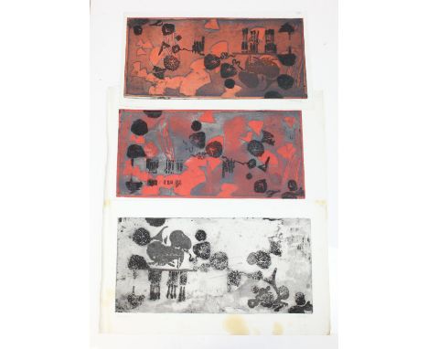 Hubert Andrew Freeth RA (British, 1912-1986): 3 abstract prints or etchings, 2 coloured and 1 black and white, all made up fr
