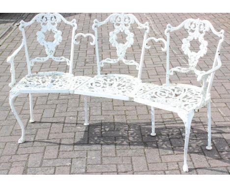 A Victorian style white painted aluminium 3 seater garden bench, 155cm wide x 88cm tall