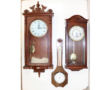 Vintage Woodford mahogany cased 3-key wind up wall clock with full Westminster chimes, an Acctim Quartz wall clock, and a Sho