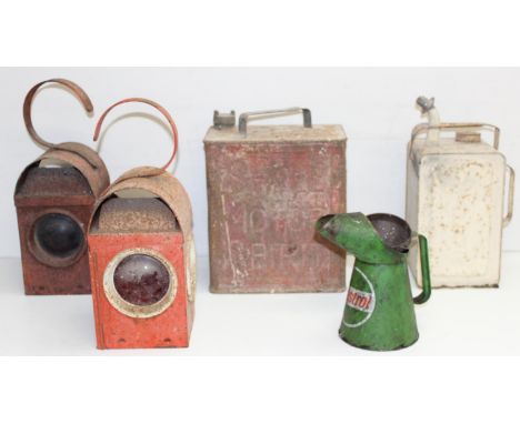 5 vintage metal items to incl 2 railway lanterns in red - 1 by Chalwyn, green Castrol oil can, Shell fuel can and a Valor fue