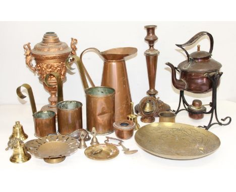 Mix of antique and later metalware, mainly copper and brass to incl water jug, kettle, candlestick etc