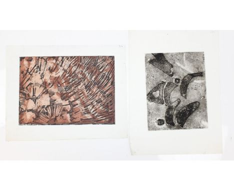 Hubert Andrew Freeth RA (British, 1912-1986): 2 abstract copper engraved prints 1 black and white, the other of mainly brown 