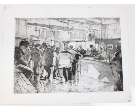 Hubert Andrew Freeth RA (British, 1912-1986): etching depicting the interior of a Whitechapel betting shop, unsigned but from