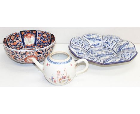 A 20th century Japanese Imari pattern bowl with fluted edge, and antique Chinese porcelain teapot AF and a 20th century Delft