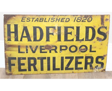 A vintage Hadfields of Liverpool Fertilizers enamel advertising sign, 114cm x 71cm