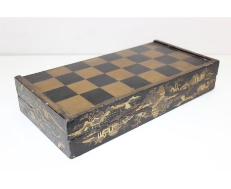 Vintage Chinese or Japanese folding wooden games box (chess &amp; backgammon) with lacquer finish and gilt decoration, 43cm x