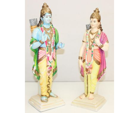 2 vintage hand-painted plaster figurines of Hindu Gods, tallest 40cm
