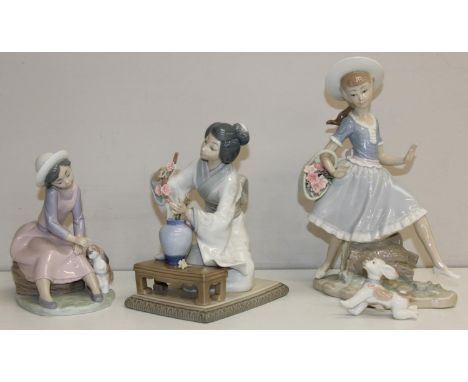 Lladro figurines - Mirth in the Country (AF), model No. 4920; By My Side, model No. 7645; and Geisha Girl (AF), model No. 484