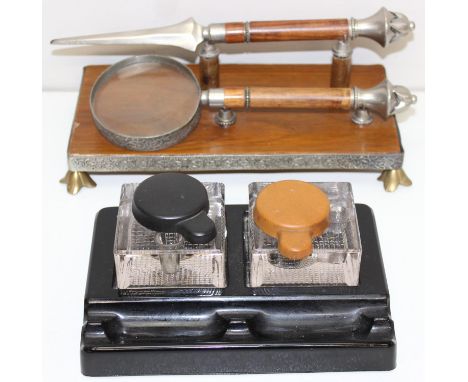 2 vintage desk-stands to incl one with black ceramic base and glass inkwells, and a wooden stand with magnifying glass and le