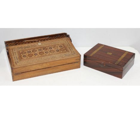 Vintage wooden writing slope with marquetry inlaid details, and a smaller wooden box, largest 43cm x 30cm x 16cm [2]