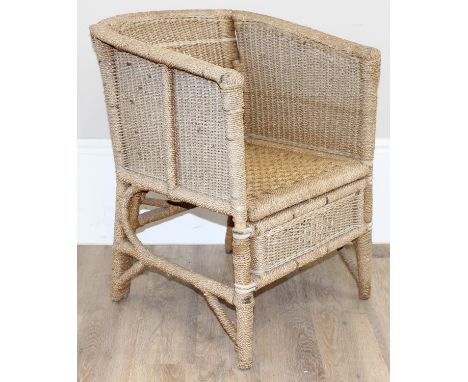 An unusual vintage folding seagrass chair, campaign style, 61cm wide x 77cm tall