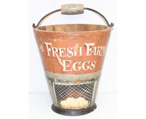A vintage hand painted wooden bucket with chickens &amp; Fresh Farm Eggs, 25cm tall without handle