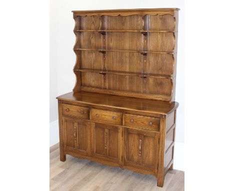Ercol Lavenham model 963 kitchen dresser with 3 drawers and 3 doors, Golden Dawn, 146cm x 51cm x 191cm
