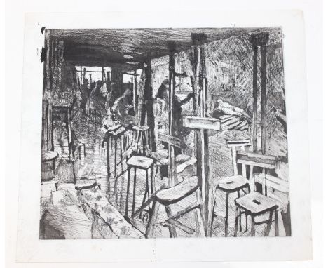 Hubert Andrew Freeth RA (British, 1912-1986): etching the interior of an artists studio, unsigned but from the same source as