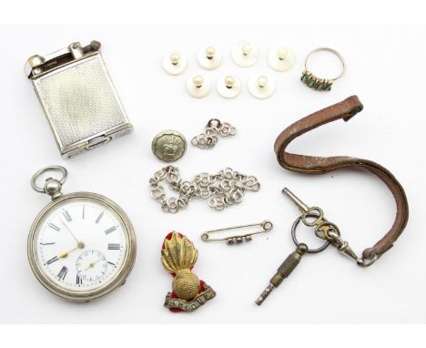 A vintage pocket watch with silver plated case, a Roller Beacon lighter, various other small badges and jewellery items etc