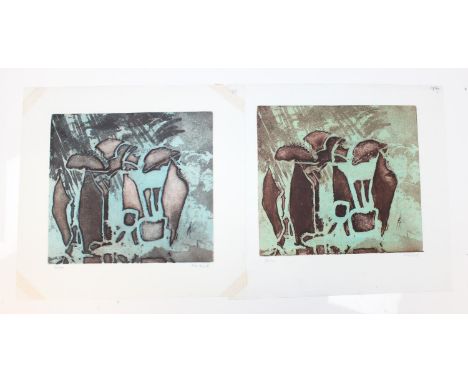 Hubert Andrew Freeth RA (British, 1912-1986): 2 abstract etching or prints of greens/browns and blues, both titled 'Queue' an