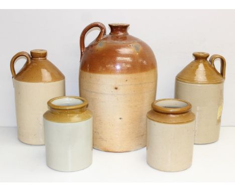 Assorted vintage two-tone salt-glazed stoneware flagons and jars to incl Price of Bristol, tallest 43cm [5]