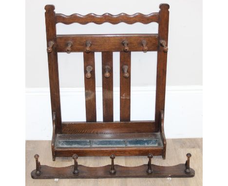 A vintage oak hall stand and matching wall mounted oak coat hooks, the hall stand 67cm wide x 86cm tall