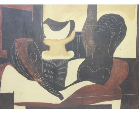After Pablo Picasso (1881-1973) - "Nature mode a la tete antique, figure and musical instrument", coloured print with Pallas 
