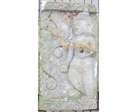 A large vintage stone carving depicting a Buddhist deity, likely South East Asian, unknown age, 53cm W x 99cm H