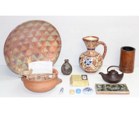 A Chinese Yixing pottery teapot with unusual strap handle, seal marks to base and underside of lid, approx 15cm wide, Qty of 