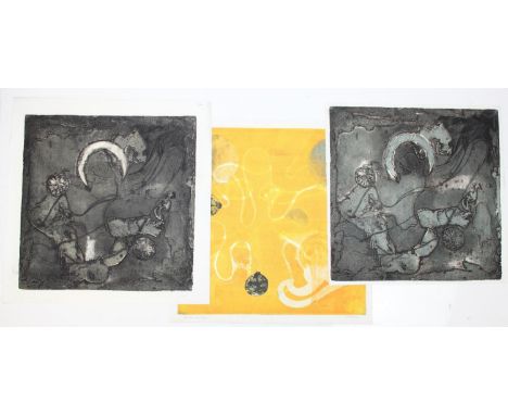 Hubert Andrew Freeth RA (British, 1912-1986): 3 coloured etching or prints, 2 of the same cuttings, yellow one titled 'French