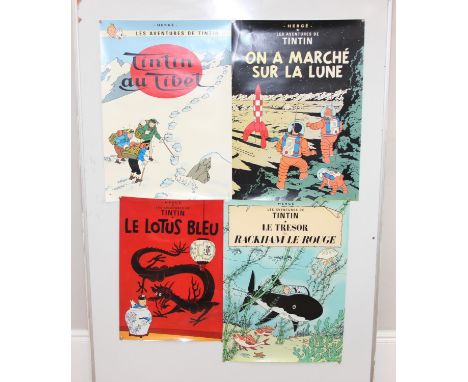 4 French wall posters of The Adventures of Tintin, to incl Tintin au Tibet, and Tintin Le Lotus Bleu, largest approx 70cm x 5