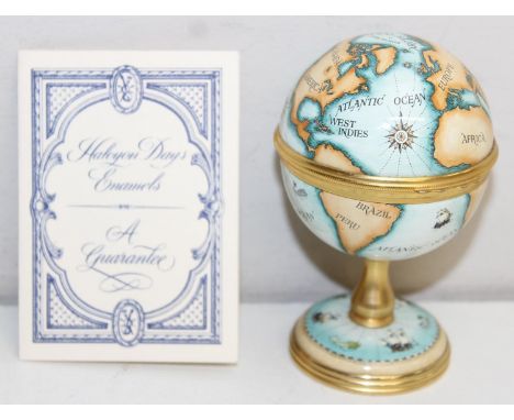 Halcyon Days enamels - Terrestrial globe on stand, opening to reveal a clock movement to the interior, lacking hands, 10cm, w