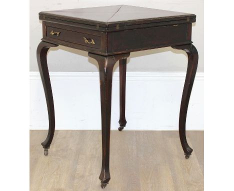 A Victorian mahogany envelope card table with twist top and green baize lined interior, approx 56cm square (66cm when open) x