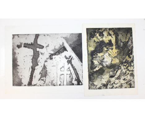 Hubert Andrew Freeth RA (British, 1912-1986): 2 abstract copper engraved prints, one with aquatint, unsigned but from the sam