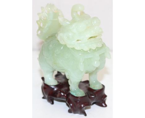 Vintage green jade like hardstone Chinese lion incense burner on wooden mount, label for Fecarotta, Catania 13cm