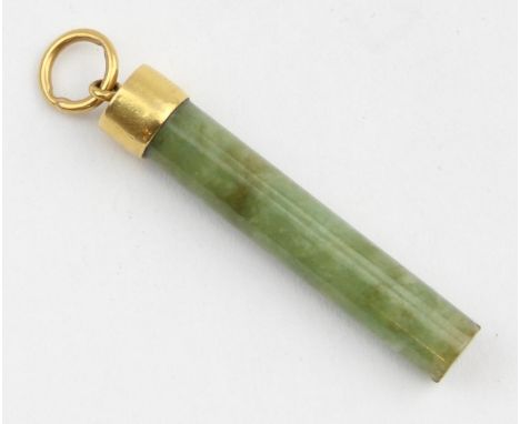 [6.49g, 50mm] - a green jade or hardstone cylinder pendant with yellow metal mount, the mount unmarked but XRF testing as 21c