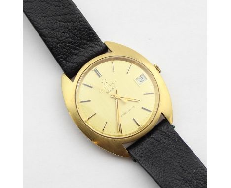 A vintage Eterna Sonic Electronic watch with gold plated case and leather strap, 39mm case measured 8-2