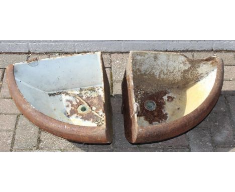 A pair of smaller cast iron and enamel corner feeding or water troughs, ideal planters, each 41cm x 41cm x 28cm