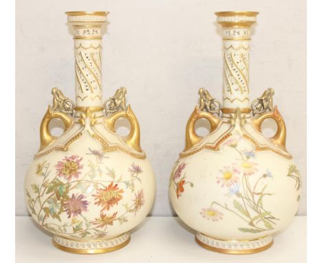 Late 19th/early 20th century, pair of Royal Worcester Specimen vases with floral and gilt decoration, approx 26cm tall