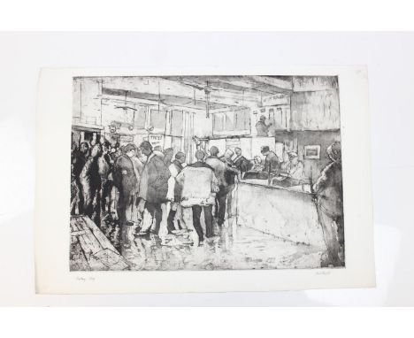 Hubert Andrew Freeth RA (British, 1912-1986): etching depicting the interior of a Whitechapel betting shop, signed &amp; titl