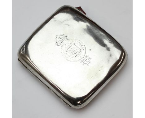 [107.62g] - an antique silver cigarette case with engraved Essex Regiment military crest, Sheffield 1913 by Mappin &amp; Webb