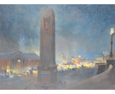 An antique pastel drawing believed to be the Cenotaph in London at night, seemingly unsigned, early 20th century, in vintage 