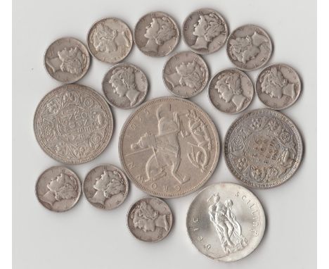 [99.419g] - qty of assorted mixed world and British coins all with silver content to inc Mercury dimes, 1935 Rocking Horse cr