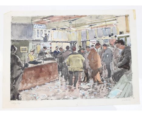 Hubert Andrew Freeth RA (British, 1912-1986): etching &amp; aquatint depicting the interior of a Whitechapel betting shop, si