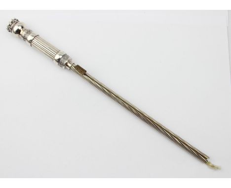 [58.53g] - a Jewish silver Shabbat candle or taper lighter, twisted stem with sliding mechanism, reeded grip with coronet end