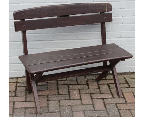 A good quality heavy stained hard wood 2 seater garden bench, 96cm wide x 82cm tall, one of four in the sale
