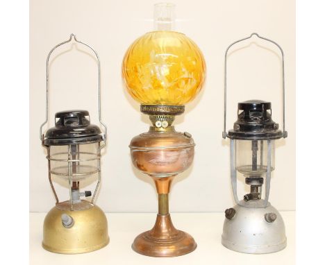 2 vintage Tilley style gas lamps and an oil lamp with glass shade, tallest approx 58cm [3]