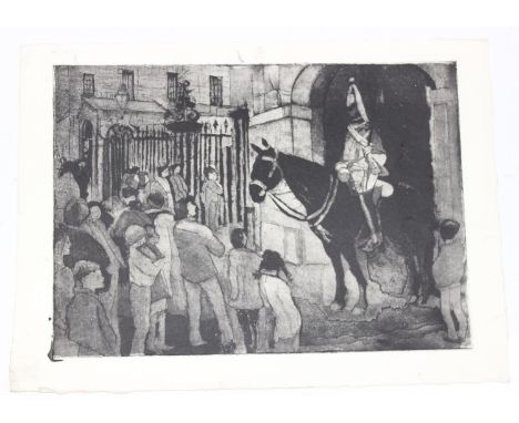 Hubert Andrew Freeth RA (British, 1912-1986): etching depicting crowds watching the Westminster Horse Guards, unsigned but fr
